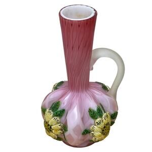 Thomas Webb Enameled Pink Satin Art Glass Vase With Beaded Flowers GUC